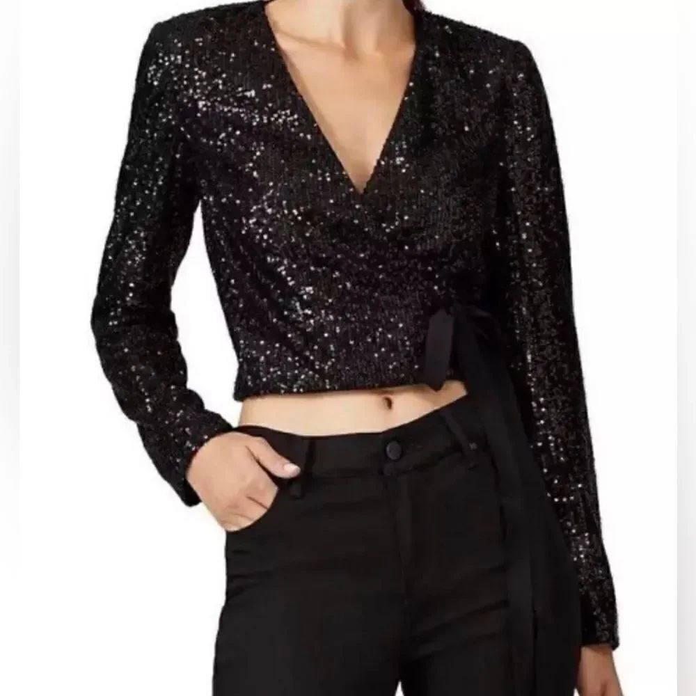 Monique Lhuillier black Sequin Wrap Top, Size S